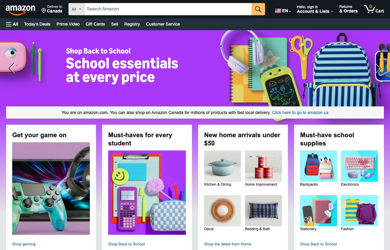 Amazon’s homepage surfacing personalized, seasonal product recommendations