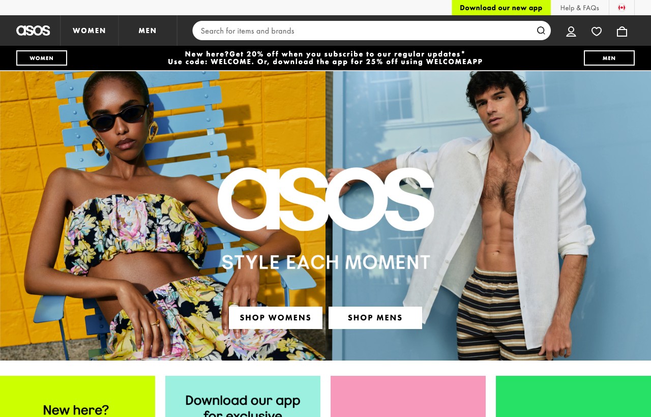 ASOS homepage with its personalized Women/Men navigation and shopping shortcuts