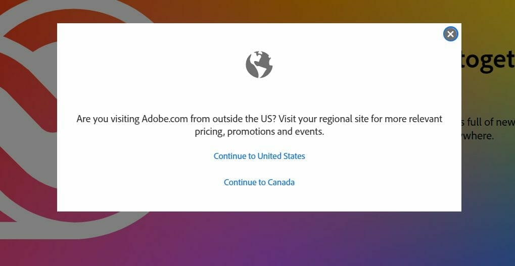 Adobe Website Pop Up Window Confirming Customers Geo-Location