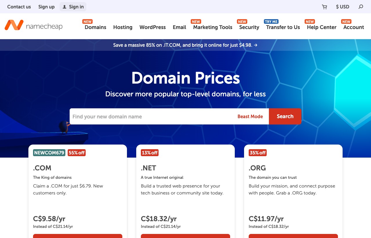Namecheap domain pricing page with a search bar and per-extension prices