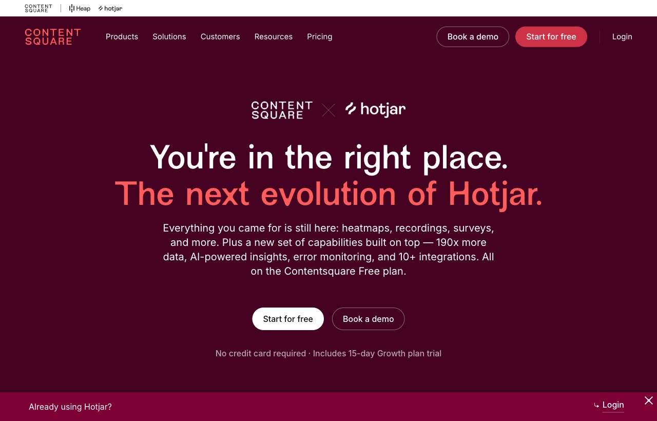 Hotjar (now part of Contentsquare) — heatmaps, recordings and surveys for analyzing user behavior